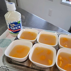 乳アレルギー用のゼリーは、乳成分不使用の豆乳カルピスを使用して作りました。