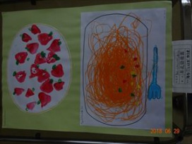「美味しいスパゲティにデザートは苺だよ☆」【縦描き】（幼稚園年少　たんぽぽ組）